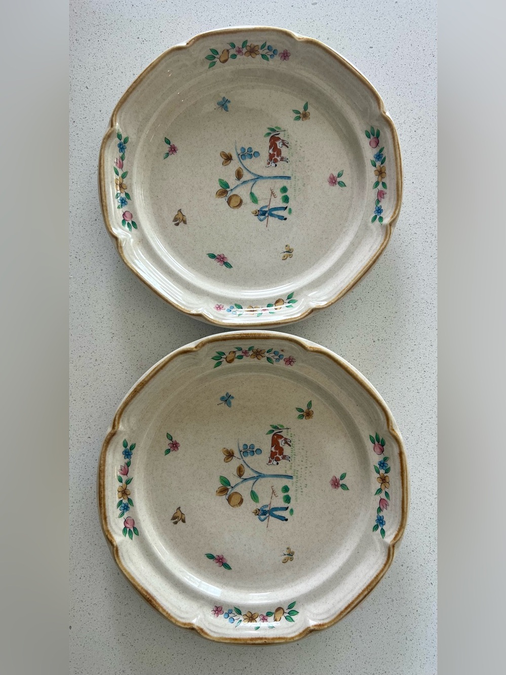 Cream Floral Ceramic Dinner Plates with Gold Trim - Set of 2